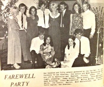 150 attend farewell party!!...Ian Simelhay..Jim Leslie..& Mike Easterbrook head off overseas... i recognise Clare Marinkovich & Terry Lupton..i wonder if you were one of the 150 people that night..The 'Top Hat' facility..farewells like this seemed common place around '68..any excuse for a Party..Jen Keller, Dave Greer, Julie McBeth, Hank, Liz & Lex