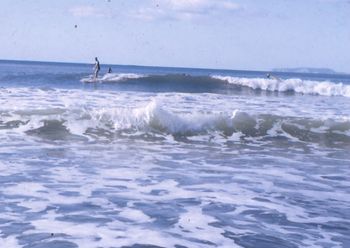 Bill Durham...nice mellow looking high tide day at Sandys..... someone doing a skeg first takeoff on the right..Ha!!