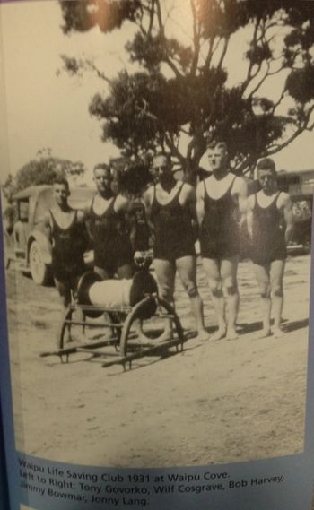 1931 Waipu Cove Surf Life Saving Club (Northland)... yes..your reading it right ....1931..Tony Govorko, Will Cosgrove, Bob Harvey, Jimmy Bowmar and Jonny Lang....no doubt of the Langs beach clan...amazing!!!