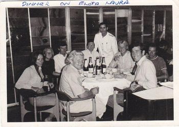 Bob doing a Benny Hill look-a-like....and legs looking as smooth as ever.... Classy lookin' dinner for a couple of beach bums.......funny how we rarely flew in the 60s....we nearly always took a ship!!!.....and some even had free rides so legend tells us..Ha!!