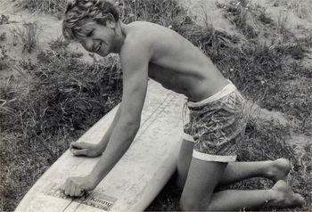 Dicky robinson with his new Hayden Kenny board....looks kinda short...maybe it was a Kneeboard!!!... Sandy Bay...summer of '66...Dick showing a few blonde streaks there!!!....