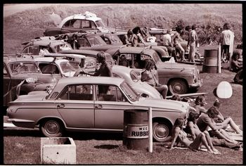 Another Advocate photo of a 'Comp'...they say Ruakaka.... but i dont so...we think the S/East end of Sandy Bay.....Well..thats definitely my old 'Singer' car in the middle (hi ho Silver) with Paula and myself.....do you recognise any other people or cars?