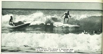 1965...Glen Sutton beating the lip,...while Allan Byrne kicks out, and maybe lose his board ....bummer! Makarori
