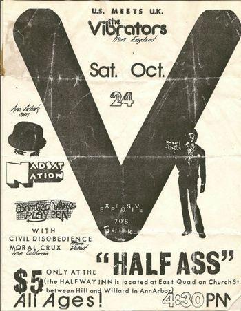 Ann Arbor, Michigan, 1992. When management at the Half Way Inn backed out, this gig was relocated to The Lab. The Lab was a short lived basement venue that put on some amazing shows during it's brief tenure. Flyer art by Gabe Heiss of Nadsat Nation.