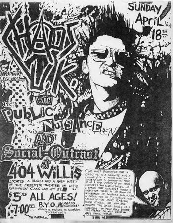 Detroit, Michigan, 1993. Chaos UK had to cancel. The final line up was Civil Disobedience, Social Outcast, Public Nuisance and Dog's Breath (Detroit). Flyer art by Jason Outcast.