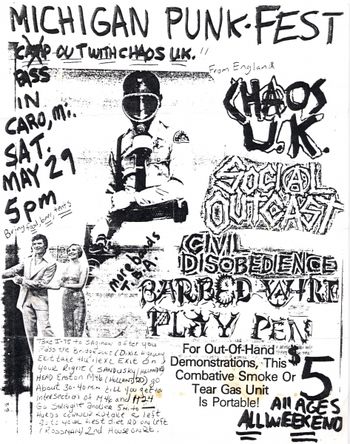 Caro, Michigan, 1993. #2 The Red Shed was located on an old farm way out in the boondocks and was perfect for gatherings like this. The bands played in a large pole barn with a dirt floor and a homemade stage. Flyer art by John Griffin.