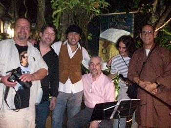Concert at Cafe Demetrio With some friends after d the concert film maker Robert Cabrera, poet and writer Ernesto Gonzalez, poet Joaquin Galvez, me, painter Heribert Mora, and buddhist monk Noble Silence