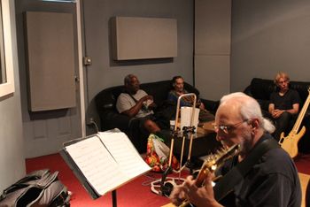 Working Things Out Seated Steve Taylor, Gene Stone and Mike Mowen. Joe Gaeta reading charts. Music Lab 7/15/2017