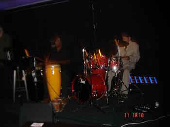 Gene Stone -Drums, Steven McGill - Congas Vitello's 9/11/2014 Stonejazz the WaterColours Band reunited in a benefit for Gene. Gary Lenk on Bass is behind me but it's to dark to see him