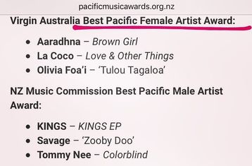 Virgin Australia Best Pacific Female Artist Award