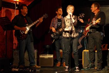 All Together Now: Singing "You Can't Do That," with John, Isaac, and HooP at Ella Lounge, August 1, 2014. Photo by Terry Bisbee.