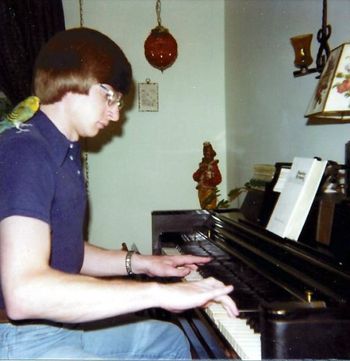 PRACTICE Early 80's, classical practice on the Wurlitzer for my master's degree w. Woodstock on my shoulder.