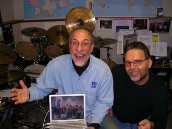 Dom Famularo and Allan A live virtual percussion workshop with a group of percussion students ..... somewhere out there!