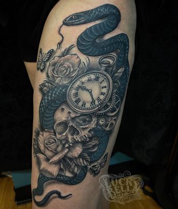 Blue Racer Snake, Skull, Roses, and Pocketwatch by Howard Neal at Lucky Bella Tattoos in North Little Rock, AR