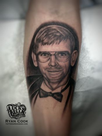 Memorial Portrait Tattoo of Client's Father by Ryan Cook at Lucky Bella Tattoos in North Little Rock, AR