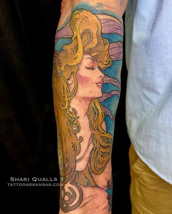 Alphonse Mucha Cigarett Cover Piece by Shari Qualls at Lucky Bella Tattoos in North Little Rock, Arkansas
