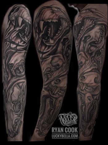 Black and Grey Animal Skull Sleeve by Ryan Cook at Lucky Bella Tattoos in North Little Rock, Arkansas