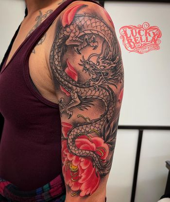 Japanese Dragon Half Sleeve with Peonies by Howard Neal at Lucky Bella Tattoos in North Little Rock, Arkansas