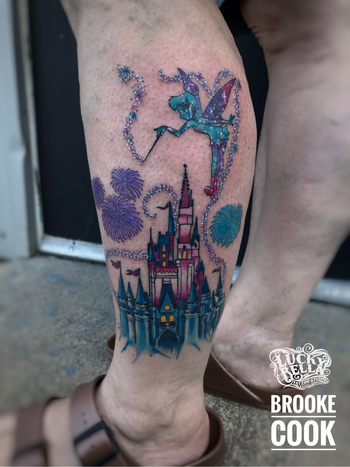 Disney Castle and Tinker Bell Tattoo by Brooke Cook at Lucky Bella Tattoos in North Little Rock, Arkansas