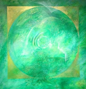 Mandala in green and gold (detail) From "Windows and Other Spaces" series of Paintings (Acrylic on Canvas) by Carmela Tal Baron Size: 40"x40" for sale
