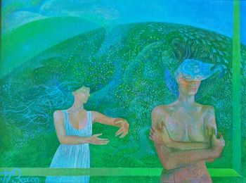 Embrace Your Feminine Self (or, Open the door) Painting by Carmela Tal Baron From "Windows and Other Spaces" series of paintings (Acrylic ob Canvas Size 27" x 21") by Carmela Tal Baron
