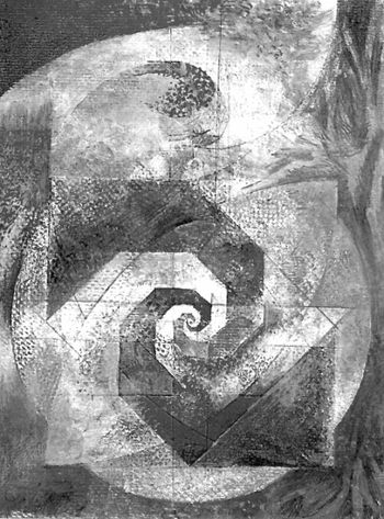 Sacred Geometry: the Golden Mean and the Double Spiral. Painting on canvas (The original is colorful Prabola Magazin winter 1997 for "Laws, Miracles and Science" by Christian Wertenbaker page 53