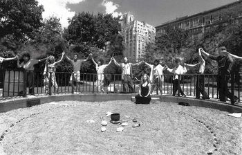 Carmela and friends welcoming Harmonic Convergence The cosmic sand box, Central Park NYC Cover photo of a Daily Paper Aug 15 1987