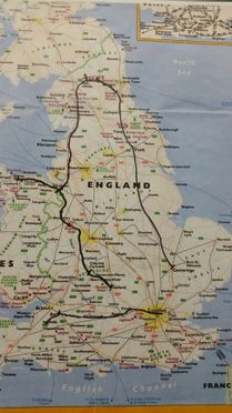 A map of England that shows the route of our two trips: 1) the road trip from Oxford, through Cotswolds, Ironbridge, Conwy, Chester, Hadrian's Wall, Durham York, and Cambridge. 2) from London to Bath and Wells.