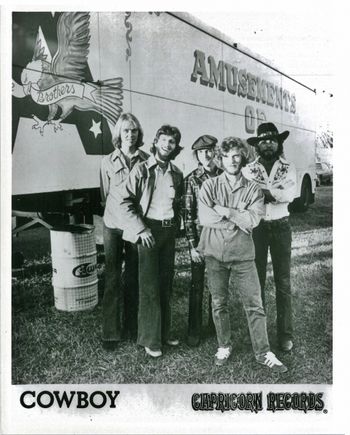 David Brown, Scott Boyer,Bill Stewart, Randall Bramblett and Tommy Talton an amused Cowboy, holding it together for a Capricorn Records publicity phot