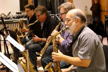 Rehearsal for Portraits from the Pub. What a pleasure to play in this sax section. Mark Allen, Bob Howell and Ron Kerber
