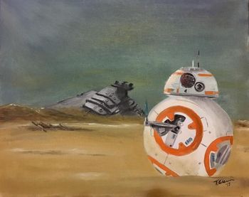 BB8 on Jakku. Oil on canvas. I painted this for my sons. This painting was chosen to be displayed at the Hollywood premiere of The Last Jedi!