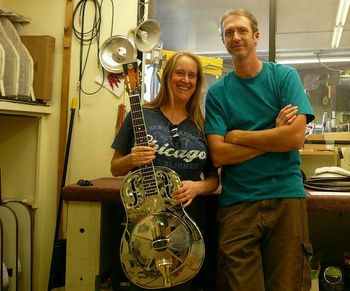 Hanging out & testing driving a few guitars with Jason Workman at the National Guitar factory, San Luis Obispo, California