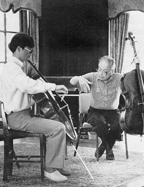 Cellist, Daniel Gaisford and Gabor Rejto / Master Class of the Bach Cello Suites at the Academy of the West in Santa Barbara, California.