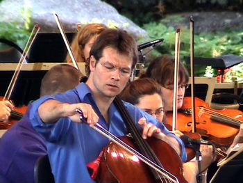 Cellist, Daniel Gaisford rehearsal at the Vail Valley Music Festival in Colorado 1706 Matteo Goffriller the "Warburg"