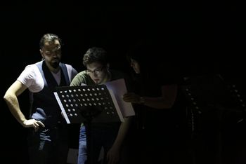 Discussing some musical details with Bandoneonist Lysandre Donoso and Pianist Dolcy Lawoun Tango الهوى a fusion between Oriental and Tango music Composed and Arranged by Martín Loyato & Ziyad Sahhab, organized by Lebanese Tango Dancer Mazeen Kiwan