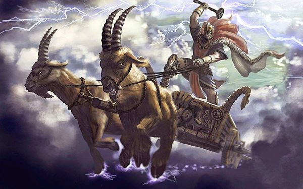 Thor and his flying charriot pulled by the goats Tanngrisnir and Tanngnjóstr 