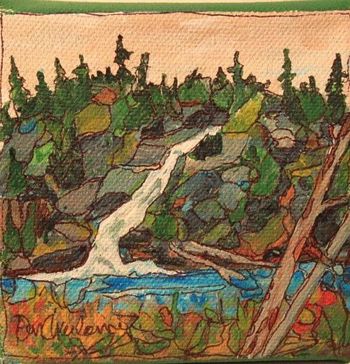 Title: "Brida Falls / Agawa Canyon". 4''x4'' acrylic on canvas. This capture came from a train trip to Agawa Canyon a few years back. Painted from memory and photos taken from a moving train...Sold