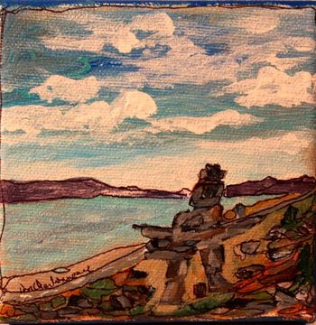 Title:"Innukshuk/Montreal River" 4"x4" acrylic on canvas. Enduring rock art dotting the Lake Superior Coastline!...(SOLD)