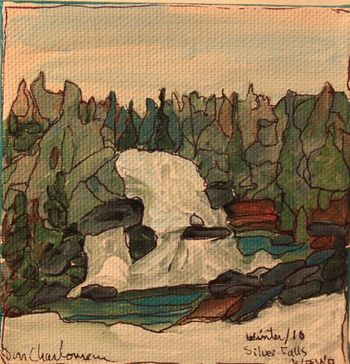 Title: "Silver Falls/ Michipicoten River Village"...4''x4'' acrylic on canvas. Magpie river flows over this fall and joins up with Wawa Creek and finally the Michipicoten River and then just a short way to Superior. I've been told A.Y. Jackson painted here....Sold