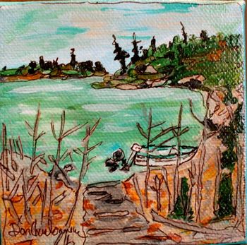 Title: "Boat Launch/Sinclair Cove Lake Superior... a fishing boat owned by a nation fisherman ready to go out...Sold