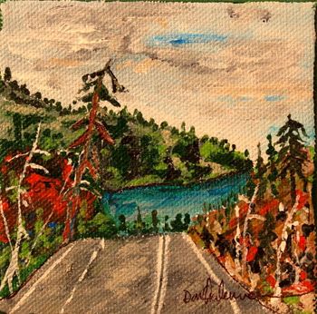 Title: "Top Of The Hill/Old Woman Bay"...4''x4'' acrylic on canvas. Looking down from the top of the hill approaching Old Woman Bay on Lake Superior. I met an artist painting here in the mid-60's and now here I am decades later enjoying the same view he was painting.