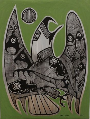 Title" Shaman Eagle" 30"x40"
acrylic on canvas. This is a beautiful piece with dark to grey lines on a green background.
artist: John Laford