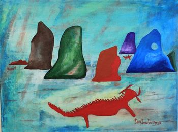 Sold... Mishipizheu" 24"x18" acrylic on canvas This painting celebrates the powerful manitou that continues to exists in the world of Gitche Gumee.