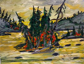 (Prinew...Island / Fenton Lake / Lake Superior Park.... 8x10” acrylic on canvas... $150.00 + shipping