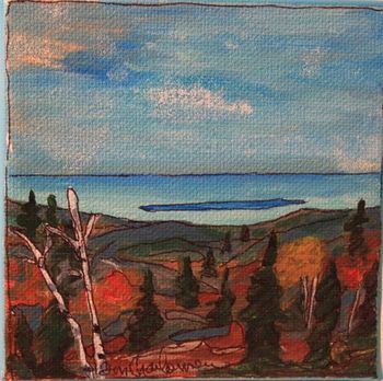Title: "Roussain Island" 4"x4" acrylic on canvas. This view can be seen from the A.C.R. train ride to Agawa Canyon or driving down Highway 17. I painted this from memory and looking at a photograph I took from a train car doing 30 miles an hour!..Sold