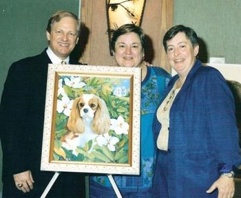 Commissioned as the cover art for the ACKCSC 2006 Annual. Title: Southern Belle Highest Bidders, CKCSCGA Club Members Lu Dunham & Helen Jesse. Shown here with Auctioneer David Frei. (The voice of Westminister).