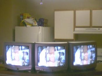 3 P Enterainment does it big with 4, count 4 tv's in their Pimped Out Living Room. 3 Here and the Big one in the Media Center !!! And Yes, they all play the same thing at the same time !!! You know