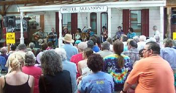 That's us on the right at the 2002 Old Songs Festival, with our friend Alan Thomson. This "Songwriter's Choice" workshop included many of our musical heroes (l to r): Roy Book Binder, Geoff Bartley,