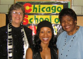Bonni with dancer Taj and senior blues diva Gloria Shannon after teaching at Kipling Elementary School assembly, S.Side Chicago