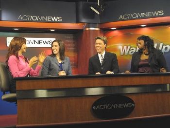 Five-thrity in the morning is a bit early to perform but Bethany (far left) is doing her best for the anchor team of the morning news and entertainment show "Wake Up" on KHSL-TV Channel 12 Chico, CA.
